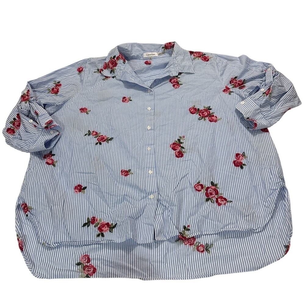 Calvin Klein Women’s 2x Button Down Shirt Embroidered Floral Cottage Victorian